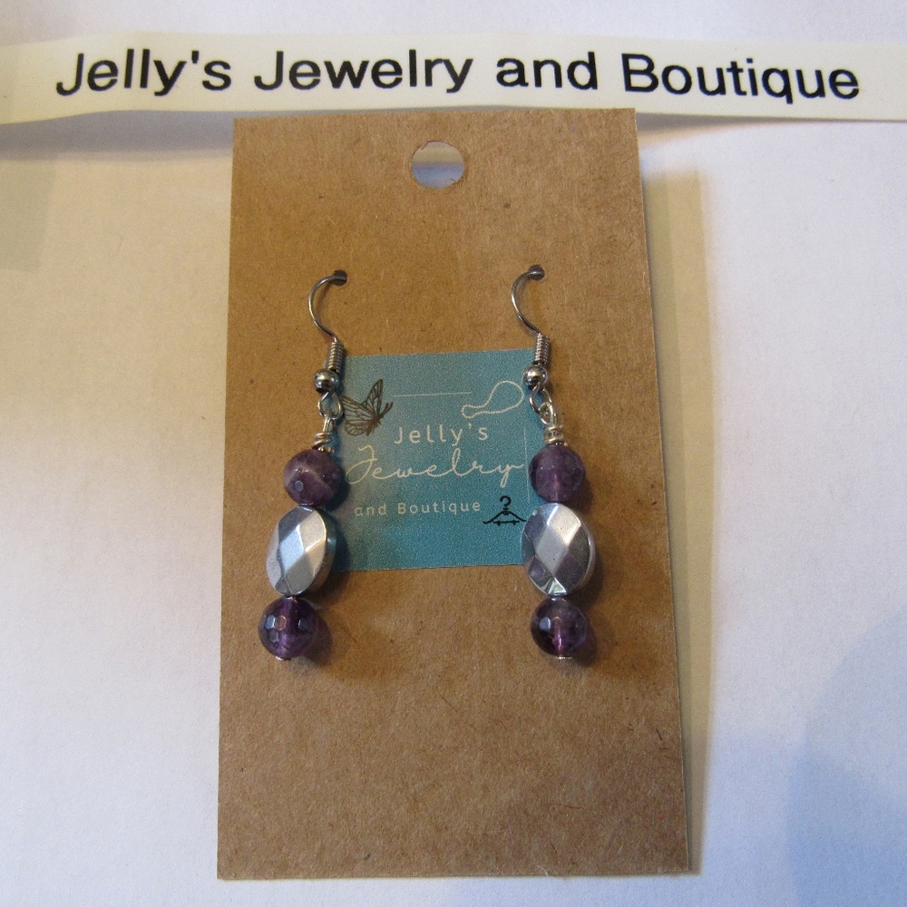 Jelly's Jewelry and Boutique Handcrafted, NWT, Amethyst & Faceted Metal Earring